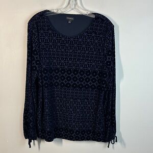 Talbots Womens Navy Blue Velvet Burnout Top Size L Boho Office Stretchy Modest